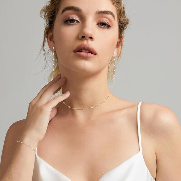 Gold Jewelry Set Gold Women Dainty Pearl Choker Earrings Bracelet Wedding Gift - Picture 2 of 7